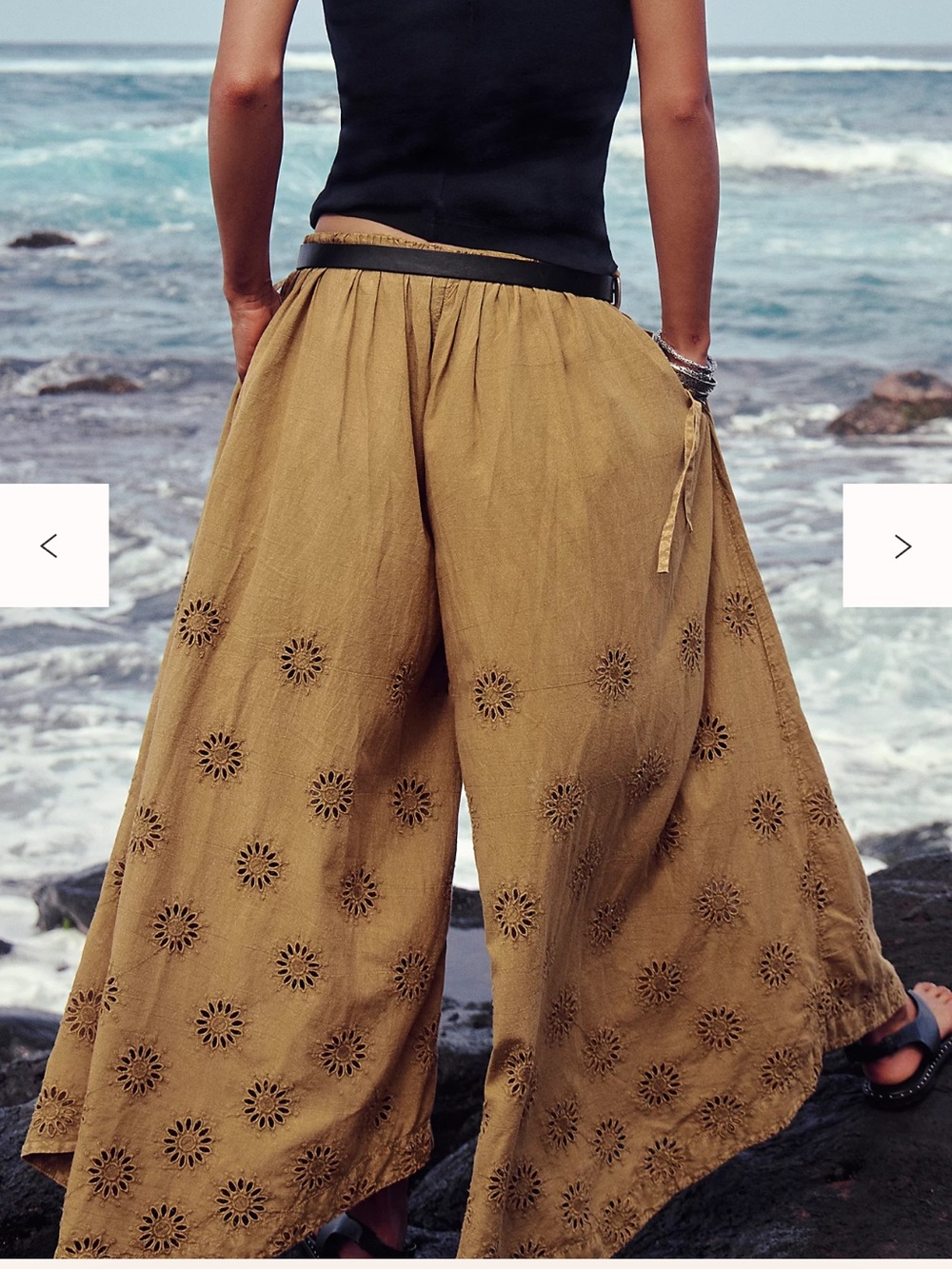 Free People Sweet Serenade Pull-On Wide-Leg Pants 2 Aged Gold NWT Floral Cutwork - Picture 3 of 11
